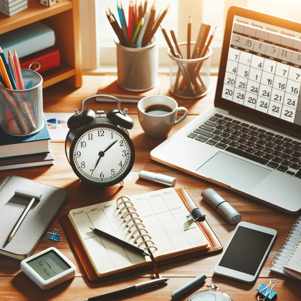 Un bureau organisé avec un calendrier, un stylo, et une tasse de café