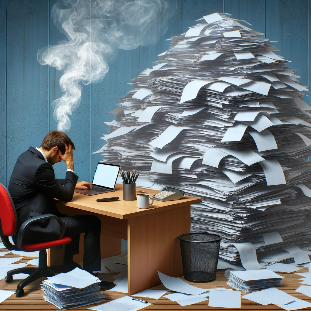 Personne submergée par un tas de documents, symbolisant le stress.