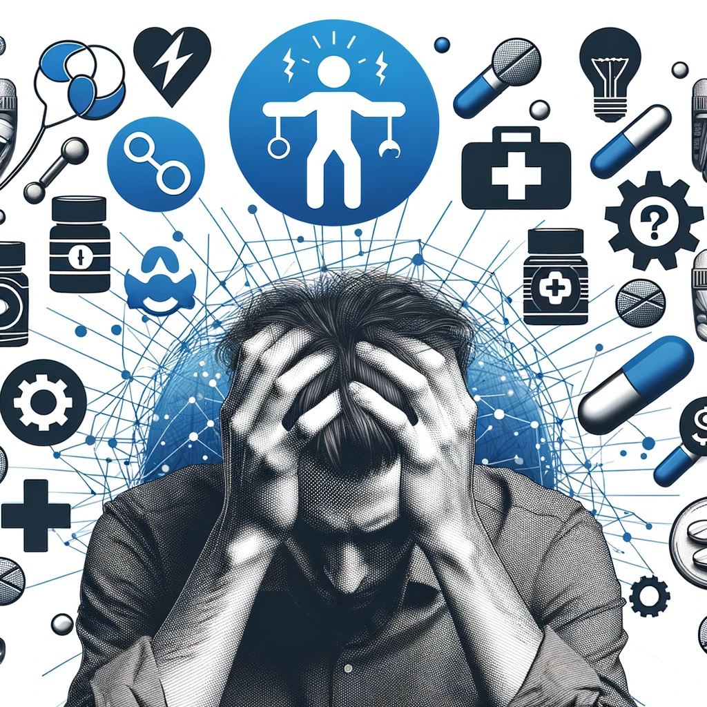 Une personne stressée se tenant la tête, entourée d'icônes de thérapie et de médication