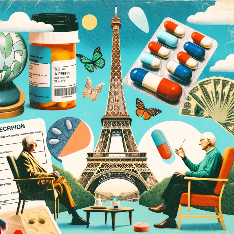 Un collage avec la Tour Eiffel, des pilules, une ordonnance médicale, et une session de thérapie.