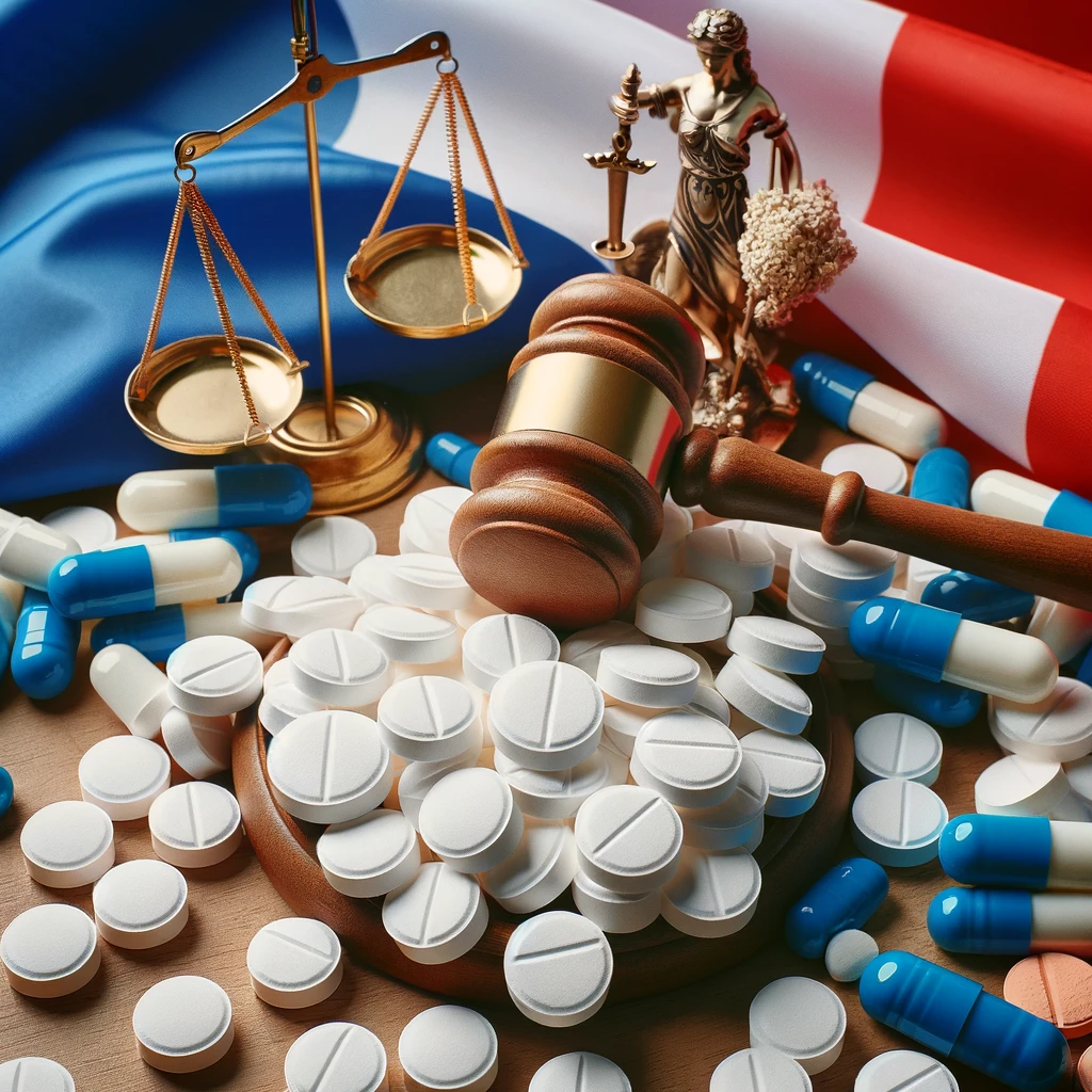 Une pile de pilules d'antidépresseurs avec un drapeau français en arrière-plan.