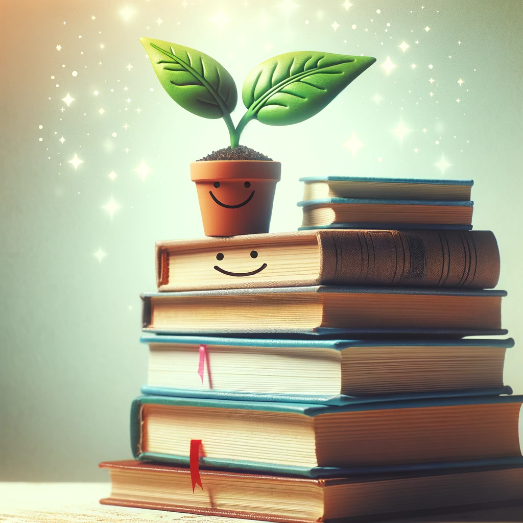 Des livres empilés avec une plante verte, symbolisant la croissance et l'apprentissage du bonheur