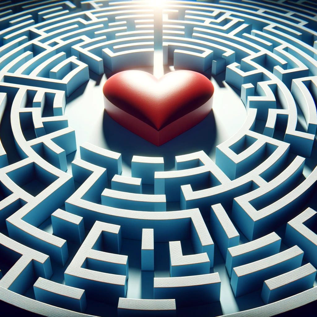 Un labyrinthe avec un cœur au centre, représentant les obstacles sur le chemin du bonheur