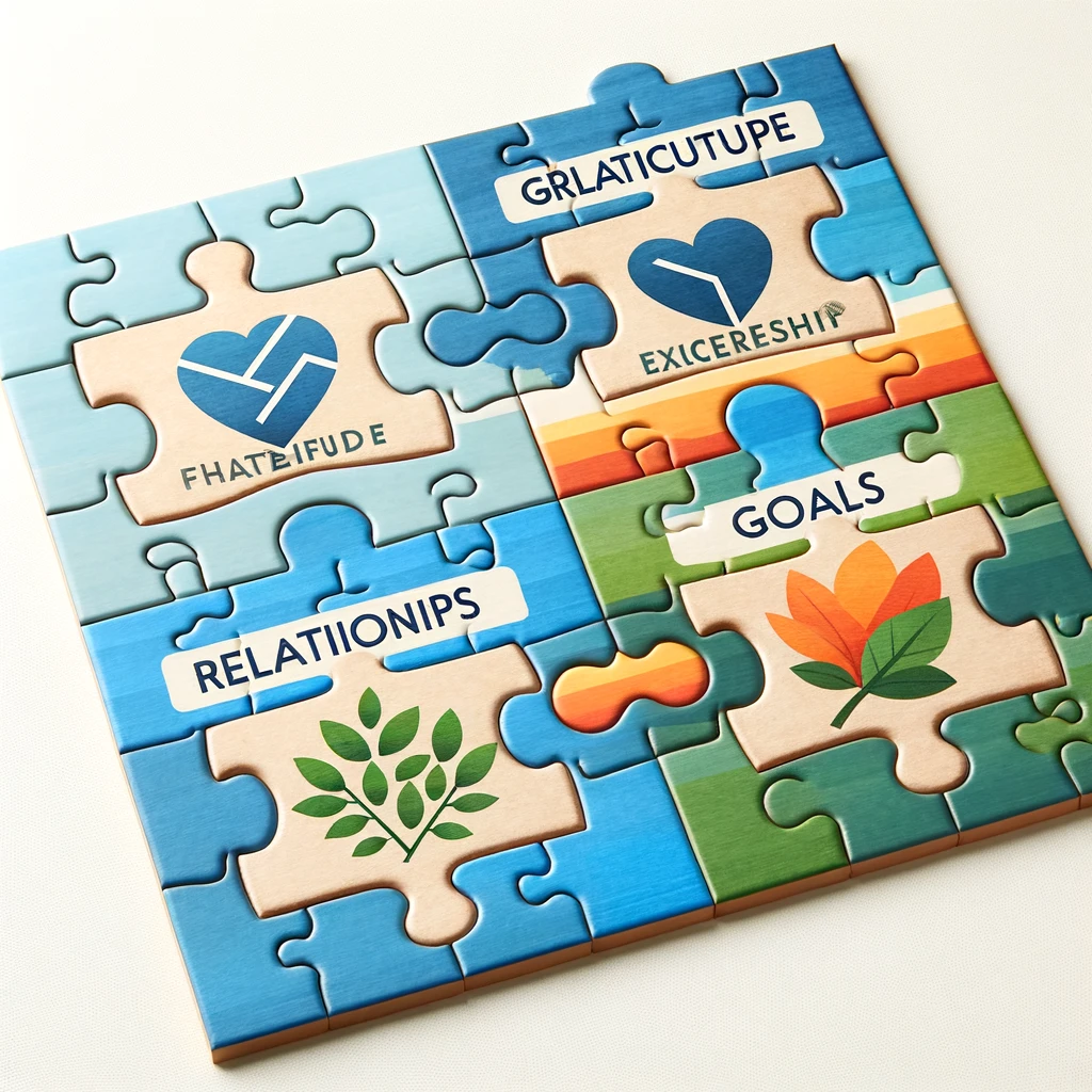 Un puzzle complet avec des pièces représentant la gratitude, les relations, l'exercice et les objectifs