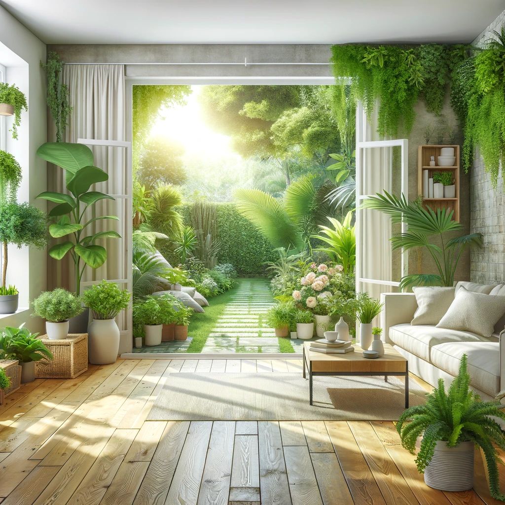 Un espace de vie lumineux et accueillant avec des plantes, ouvrant sur un jardin verdoyant