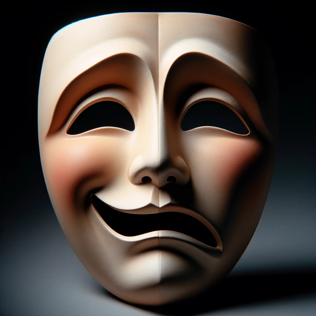 Un masque de théâtre avec une expression heureuse et une triste, symbolisant la gamme des émotions humaines.