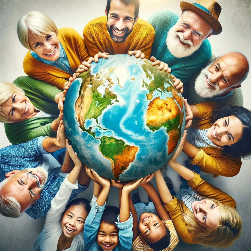 Des personnes de différentes cultures tenant ensemble un globe terrestre, symbolisant l'unité dans la quête du bonheur.