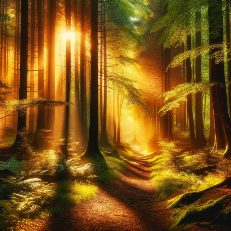 Une lumière chaude illuminant un chemin à travers une forêt, symbolisant l'inspiration et le parcours d'amélioration de son cercle social pour un meilleur bien-être