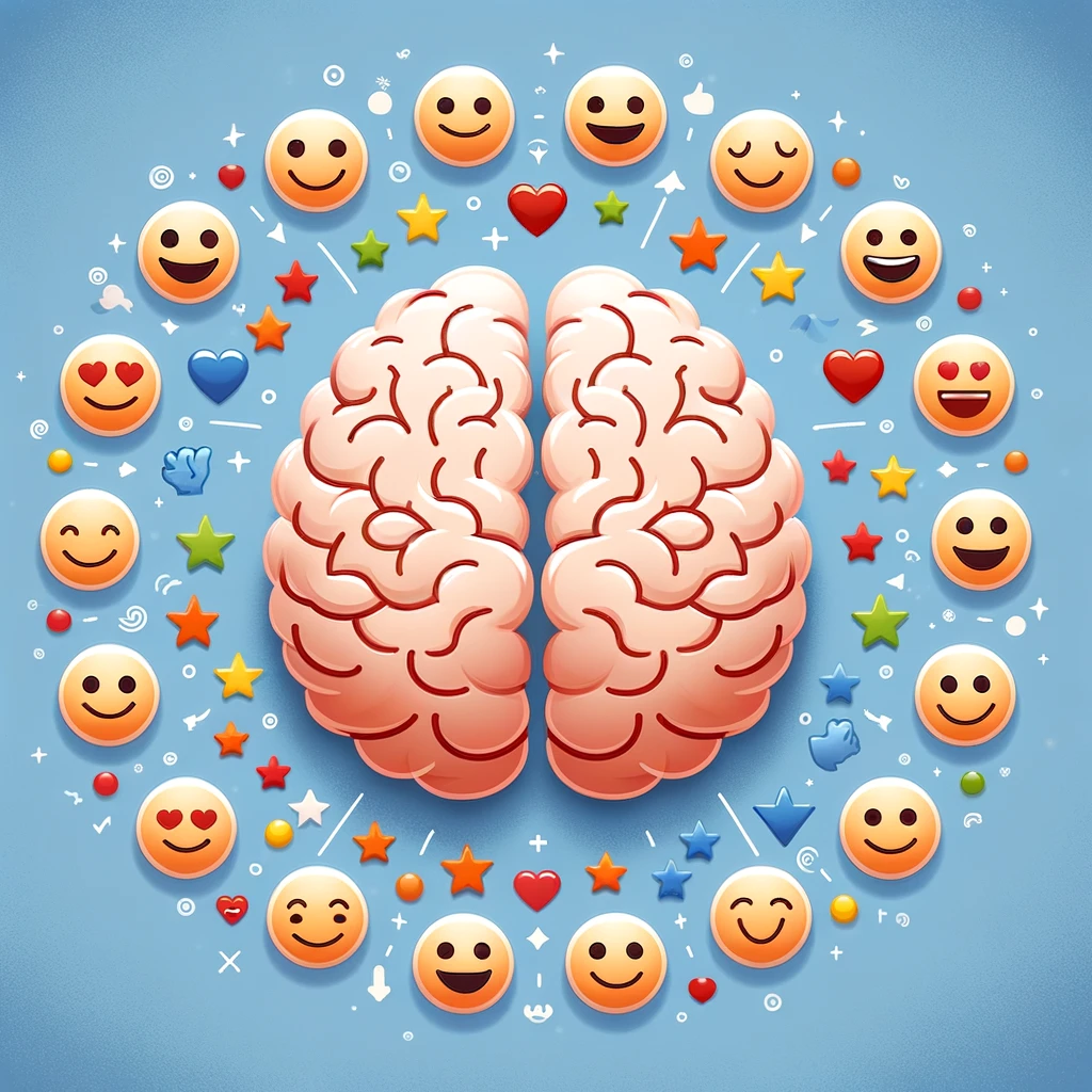  Un cerveau entouré de divers émoticônes positifs, représentant les avantages psychologiques.